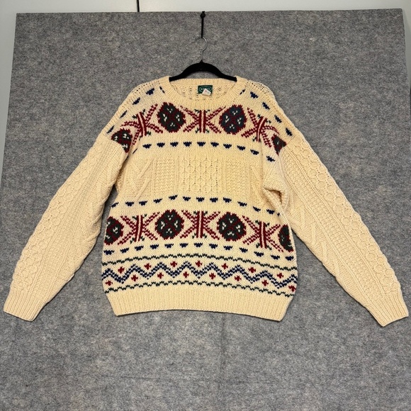 Vintage Womens Fair Isle Knit Sweater Cream Handknit Shetland Wool Size L - Picture 3 of 9